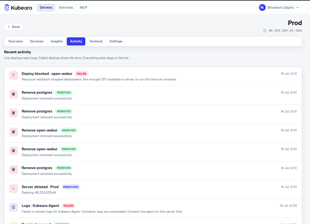 Kubeara activity log showing timestamped deployment and server actions