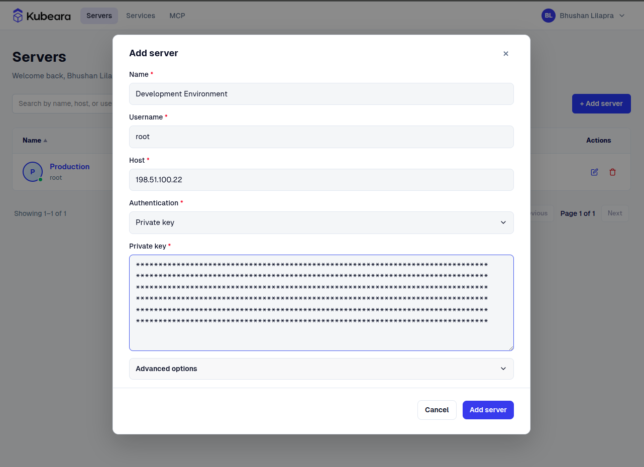 Kubeara add server form for connecting infrastructure with secure credentials