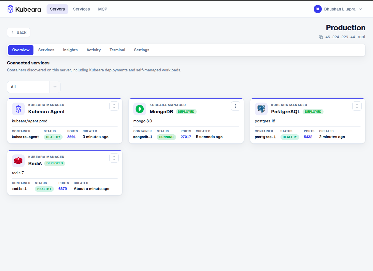 Kubeara deployed services list showing NestJS and Next.js applications running