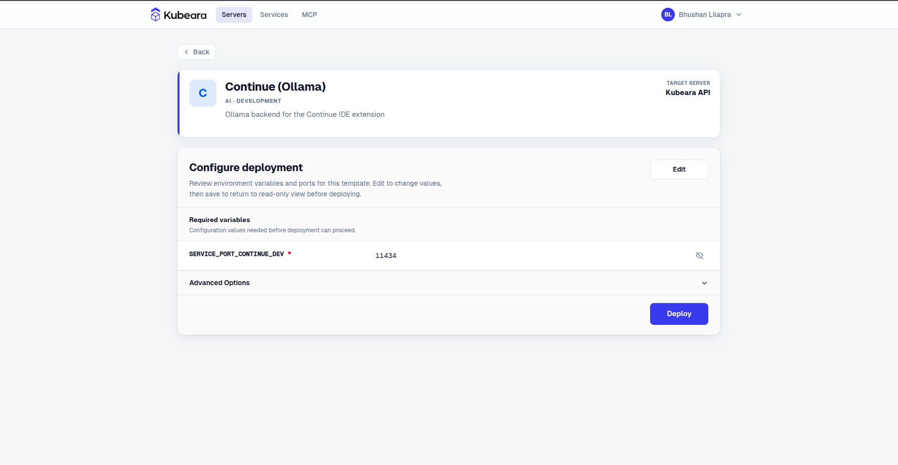 Continue (Ollama) environment configuration on Kubeara