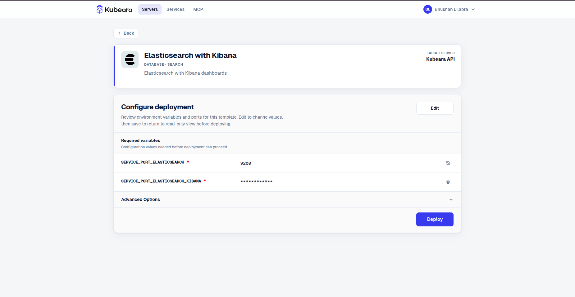 Elasticsearch with Kibana environment configuration on Kubeara