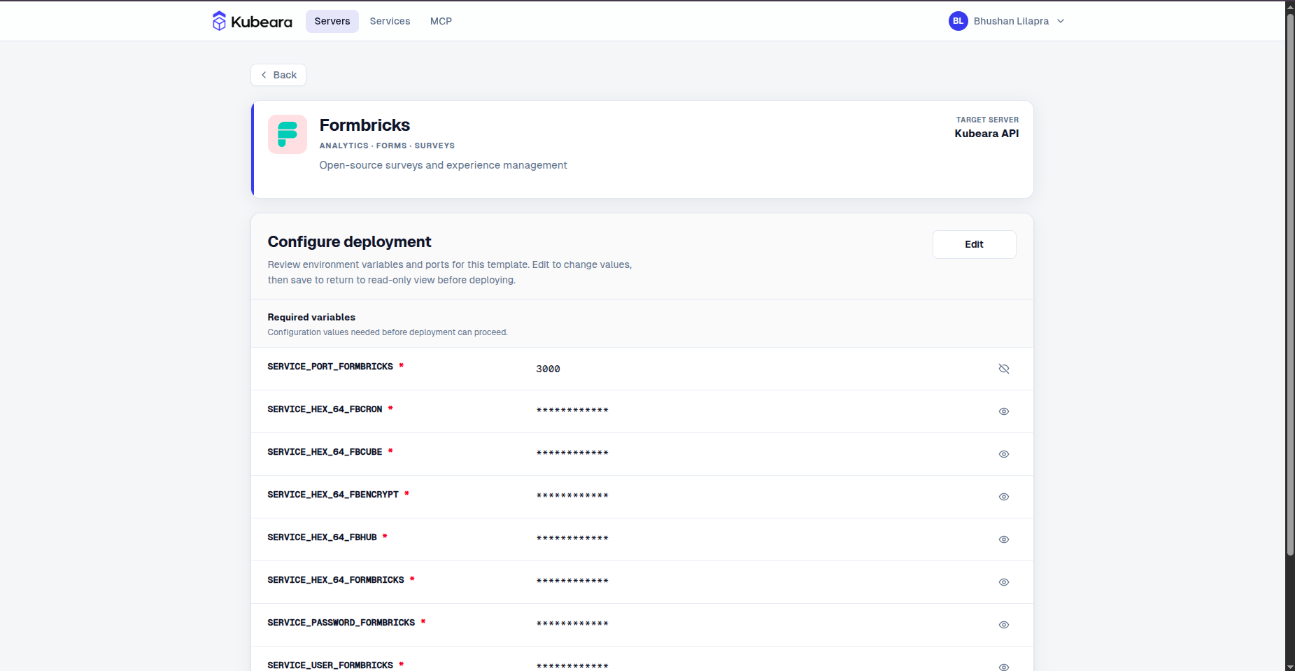 Formbricks environment configuration on Kubeara