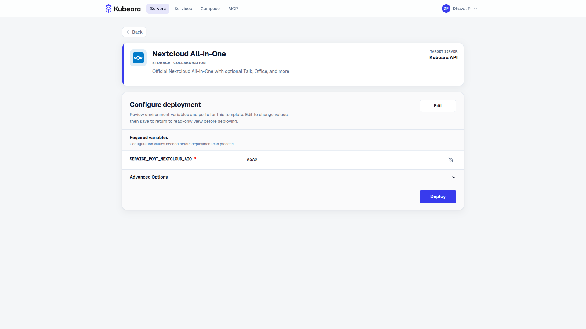 Nextcloud All-in-One auf Kubeara bereitgestellt