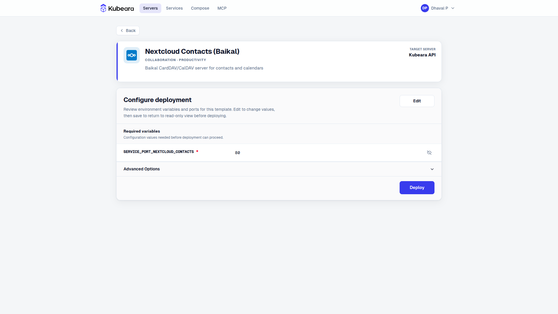 Nextcloud Contacts (Baikal) environment configuration on Kubeara