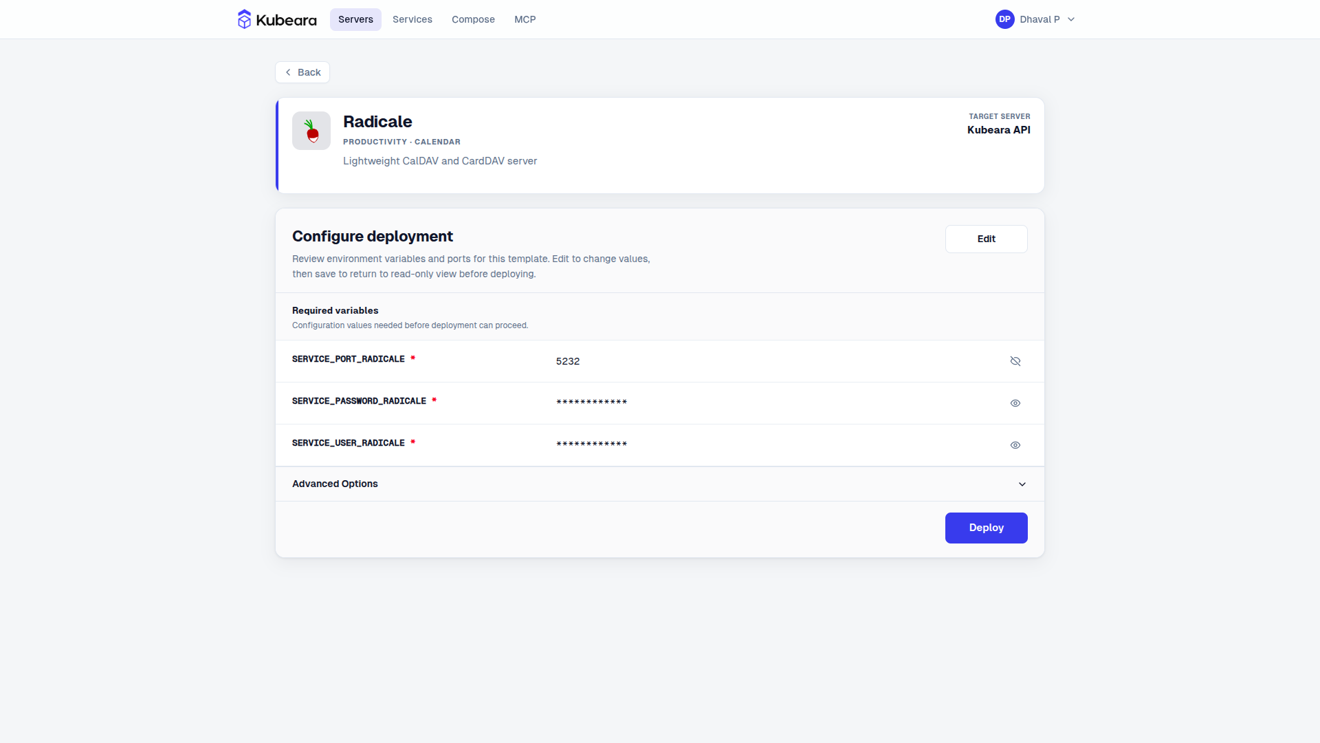 Radicale environment configuration on Kubeara