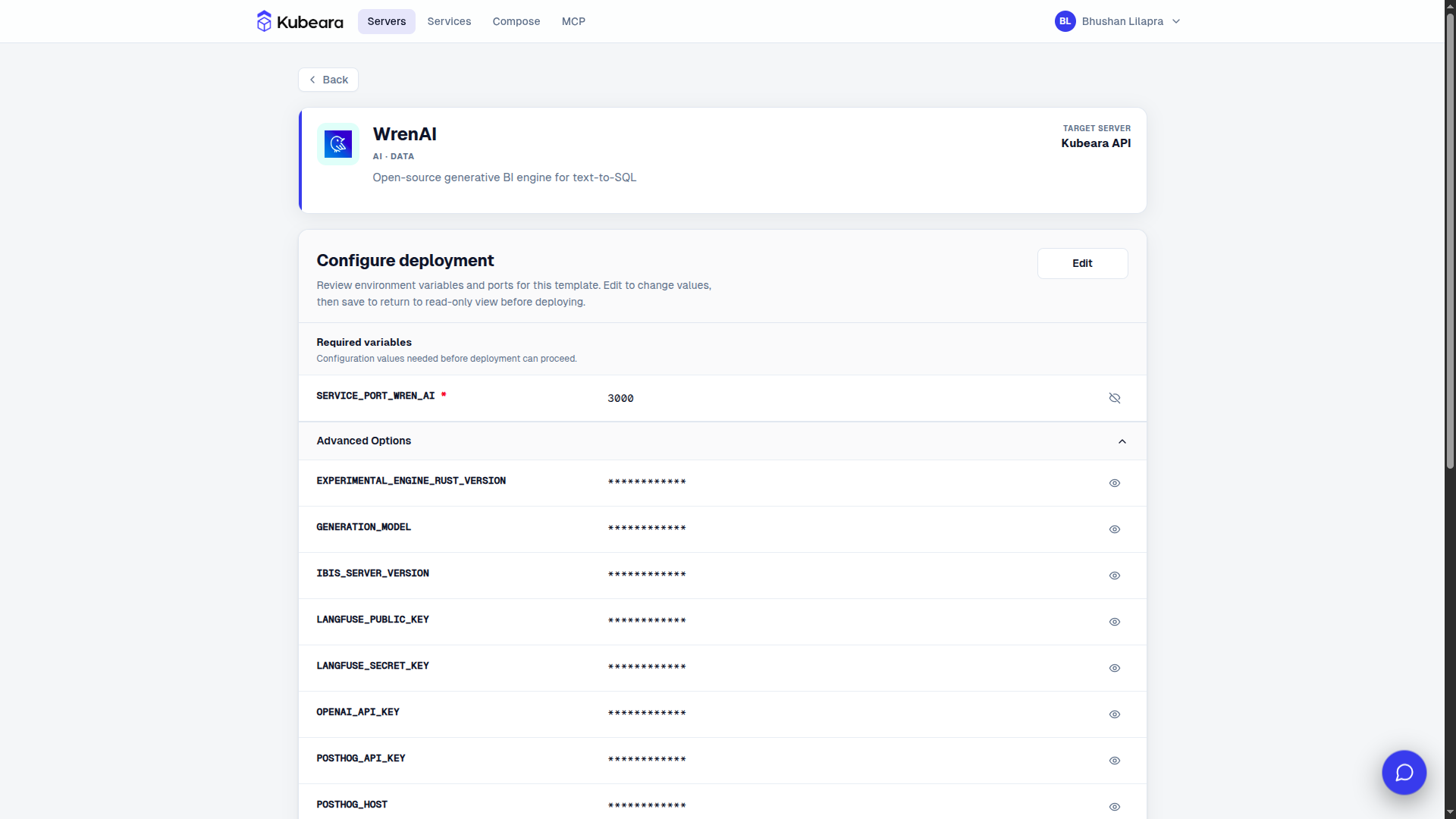 WrenAI environment configuration on Kubeara