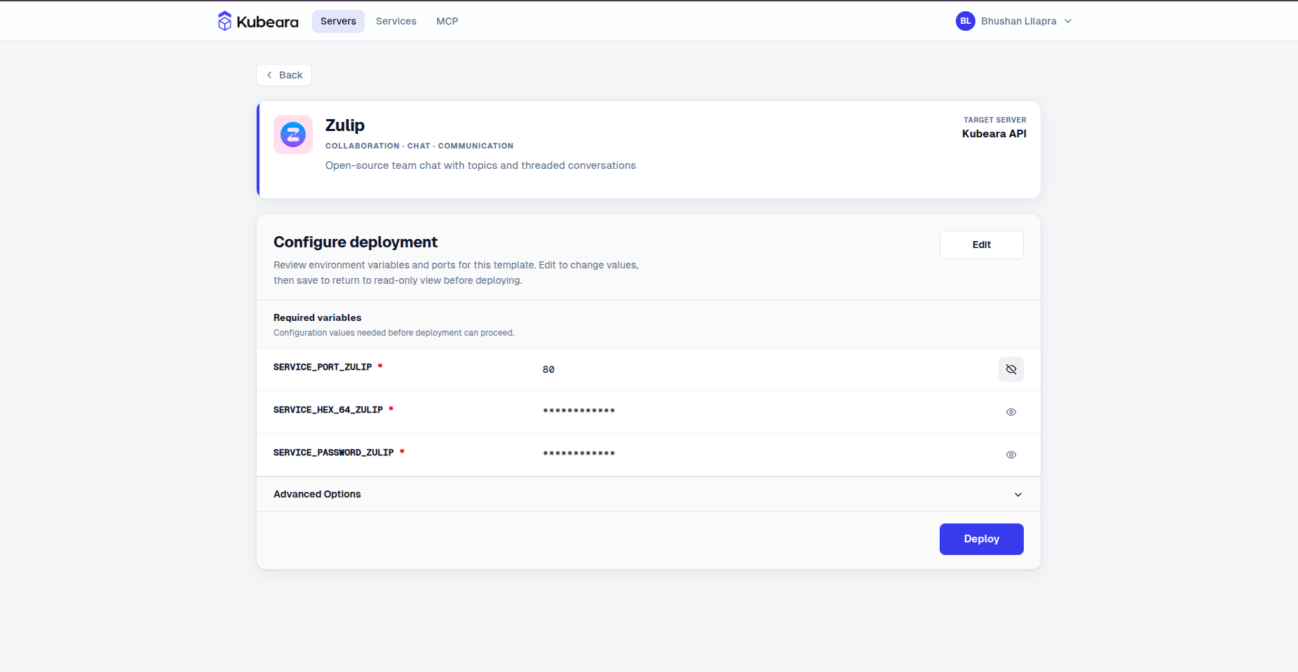 Zulip environment configuration on Kubeara